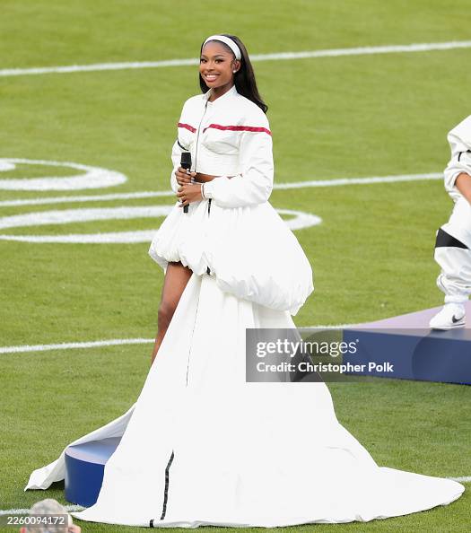 Coco Jones performs Lift Every Voice and Sing at Super Bowl LX, 8 February 2026